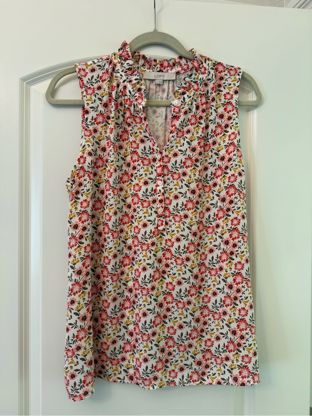 LOFT White Floral Sleeveless Ruffle Neck Camisole with Pink and Yellow Flowers